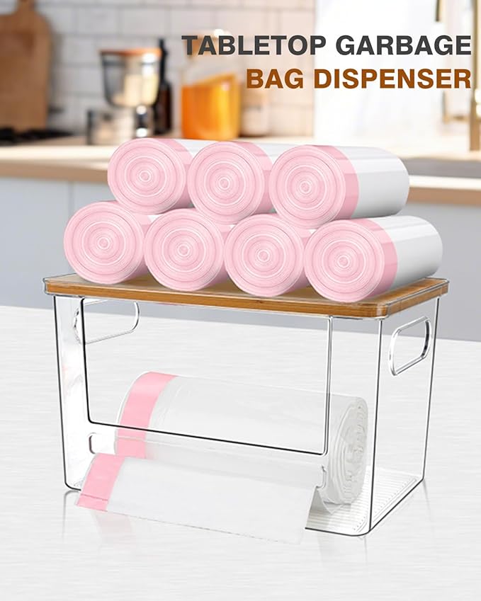 Trash Bag Dispenser 2 Pack, Stackable Acrylic Garbage Bags Dispenser with Bamboo Lid, Extra Large Clear Under Sink Organizer for 13/30/33 Gallon Bags, Kitchen, Cabinet, Laundry Room Storage