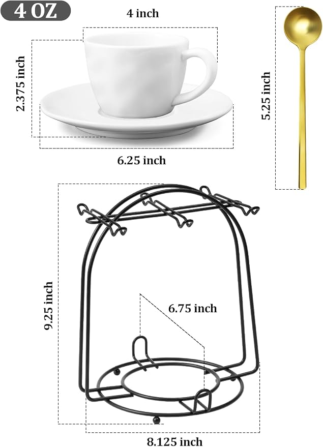 4 oz Espresso Cups with Saucers and Metal Stand, Spoons, Porcelain Stackable Coffee Cups, Demitasse Cups, Perfect for Single or Double Espresso, Cappuccino, Latte and Tea - Set of 6, White
