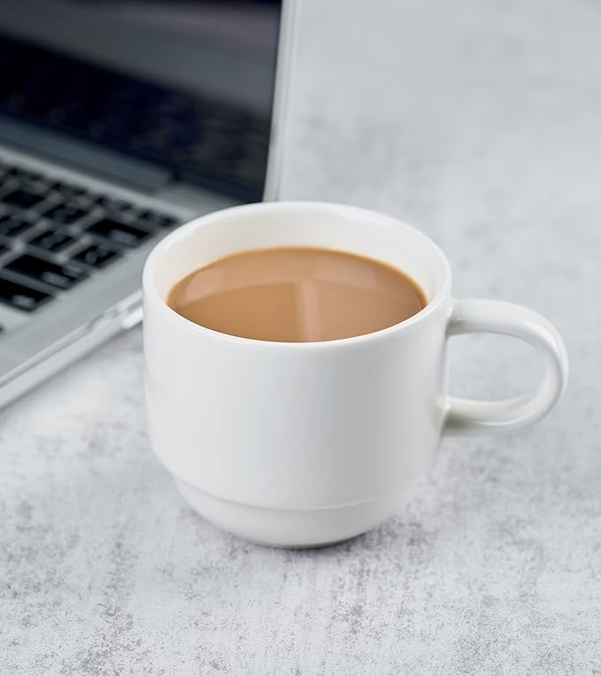 YHOSSEUN Porcelain Coffee Mug Set of 4, Stackable Coffee Mugs with Metal Stand & Spoons, 11 Oz Espresso Coffee Cups Mug Set for Americano, Chocolate Drinks, Milk, Tea, White