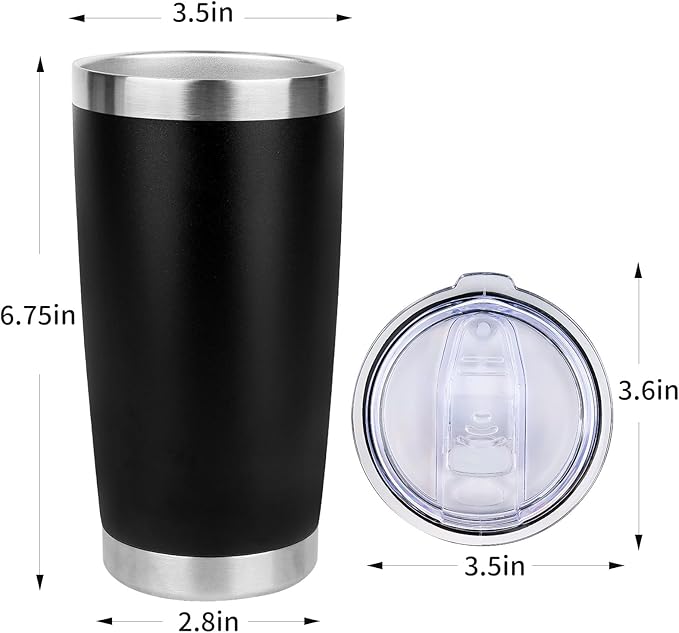 20oz Stainless Steel Tumbler Bulk with Lid, Travel Mug - Double Wall Vacuum Powder Coated Cup - Black, 6 Pack