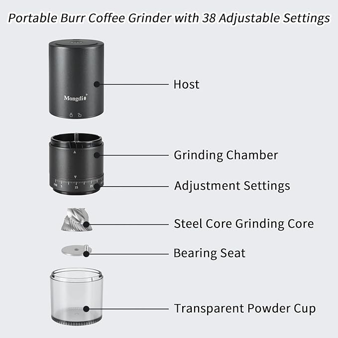 Mongdio Portable Electric Coffee Bean Grinder with 38 Adjustable Settings, Electric Burr Coffee Grinder Stainless Steel Core, For Traveling, Camping, Office, Black