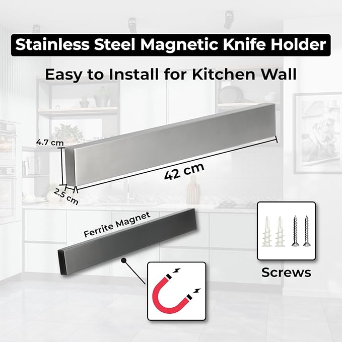 Premium 16-Inch Stainless Steel Magnetic Knife Holder for Wall and Fridge - Powerful Knife Magnetic Strip for Kitchen & Tools Organization, Extra Strong Holds up to 30 LBs include Tape and screws