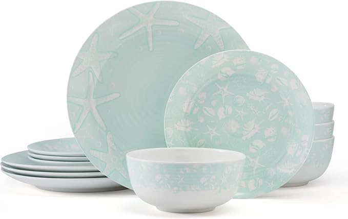 Pfaltzgraff Venice 12 Piece Outdoor Melamine Dinnerware Set, Service for 4,Teal