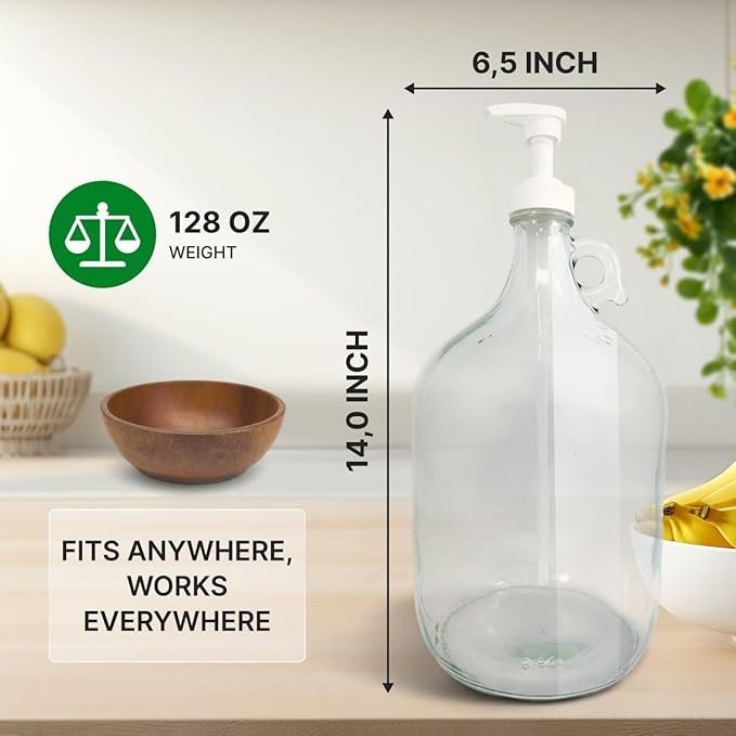 TidyFriend Glass Gallon Dispenser with Pump 128 oz (3 Pack), Refillable 1 Gallon Jug for Soap, Detergent, Hand Sanitizer, Syrup, Cleaning Solutions, Juices, Oils & More, Multi-Purpose Large Jar