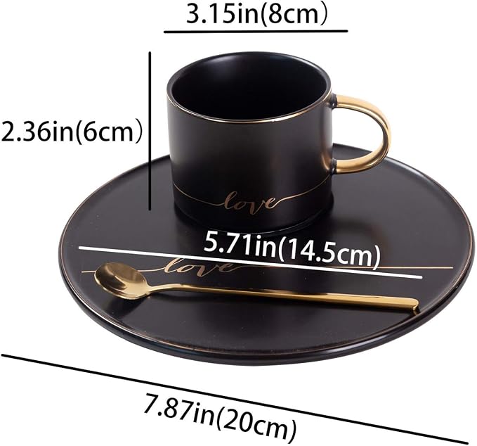 TJ Gobal Porcelain Coffee Mug, Tea Cup with Saucer and Golden Spoon with Gold Scripted Love and Trim for coffee, Hot Chocolate, Cappuccino, and Latte, 8 Oz. (Black)