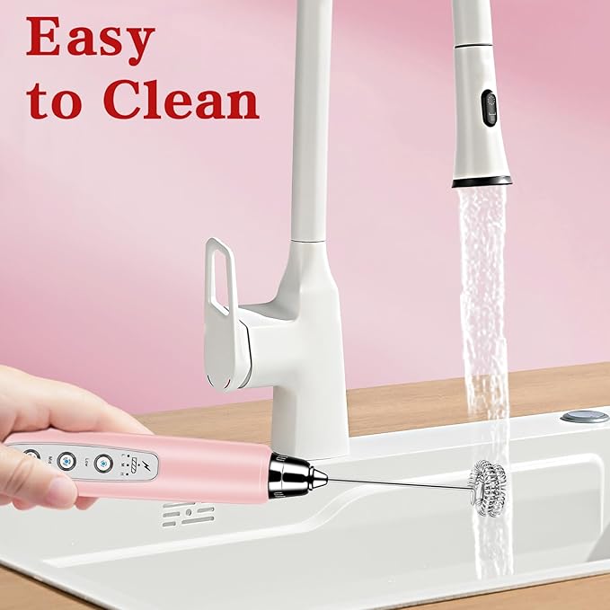 BSRGMS Milk Frother Handheld with Stand, Electric Whisk 3 Speed Adjustable, Drink Mixer with Stainless 3 Whisks, Rechargeable Hand Frother Wand, Foam Maker for Latte Cappuccino Hot Chocolate Egg Pink