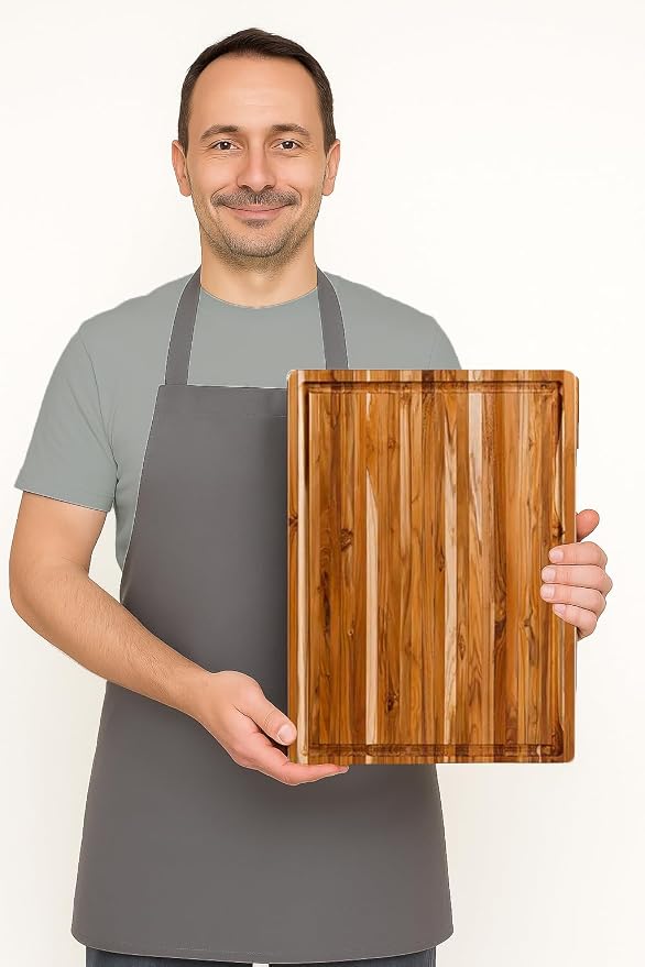 Teakhaus Carving Board with Juice Groove - Medium (M) Teak Wood Cutting Board 18”L x 14”W x 1” Thick - Lightweight, Sustainably Harvested & FSC Certified - Knife Friendly with Beeswax Oil Finish