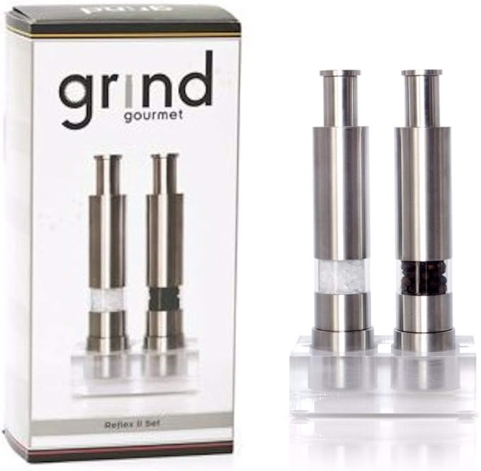 Grind Gourmet Salt and Pepper Grinder Set, Original Pump & Grind Peppermill are Refillable, Modern Thumb Press Grinder, Works With Black Pepper, Sea Salt, Himalayan Salts, Stand Included