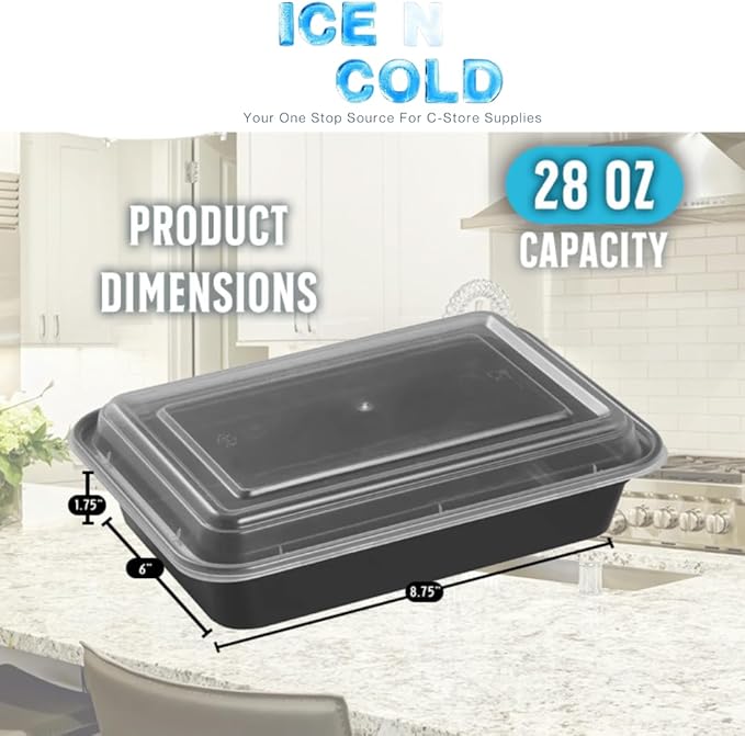 ICE N COLD Reusable To-Go Food Meal Prep Storage Containers with Leak Proof Snap Lids 28oz | 830ml | 50-Pack