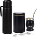 Complete Yerba Mate Kit - Includes Argentina Mate Gourd, 2pcs Straw (Bombilla), Yerbero, 1000ml Insulated Bottle - Stainless Steel Yerba Mate Set (Black)