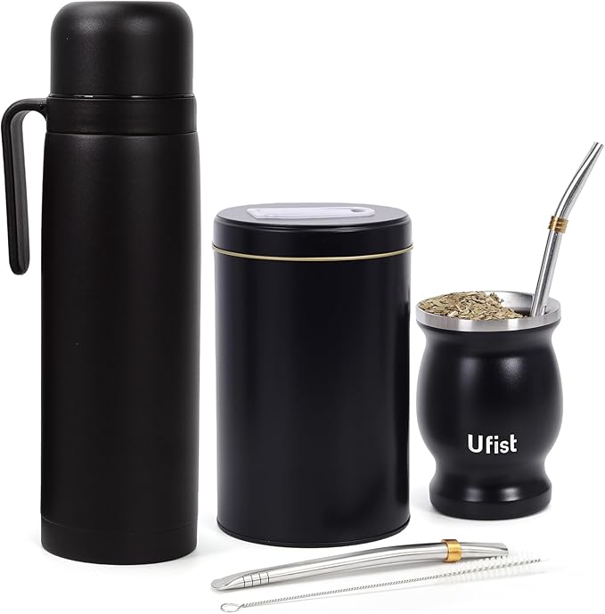 Complete Yerba Mate Kit - Includes Argentina Mate Gourd, 2pcs Straw (Bombilla), Yerbero, 1000ml Insulated Bottle - Stainless Steel Yerba Mate Set (Black)