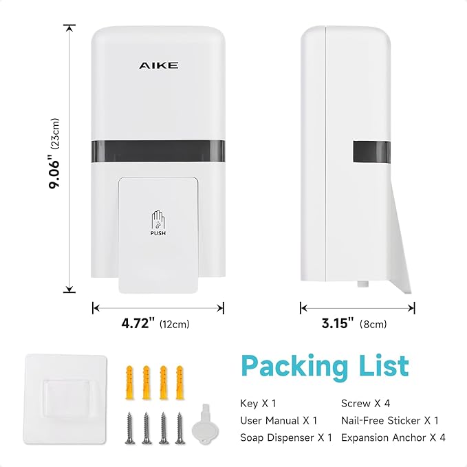 AIKE Wall Mount Liquid Soap Dispenser, 27oz Large Capacity with Extended Pump for Commercial Bathrooms,AK1008(White)