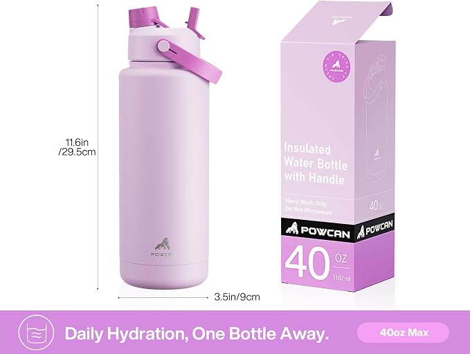 POWCAN 40 oz Insulated Water Bottle with 2-in-1 Straw and Spout Lid, Glow-in-the-Dark, 24H Cold, Leakproof, BPA-Free, Double Wall Stainless Steel for Sports, Gym, Travel, and School (Heirloom Garden)