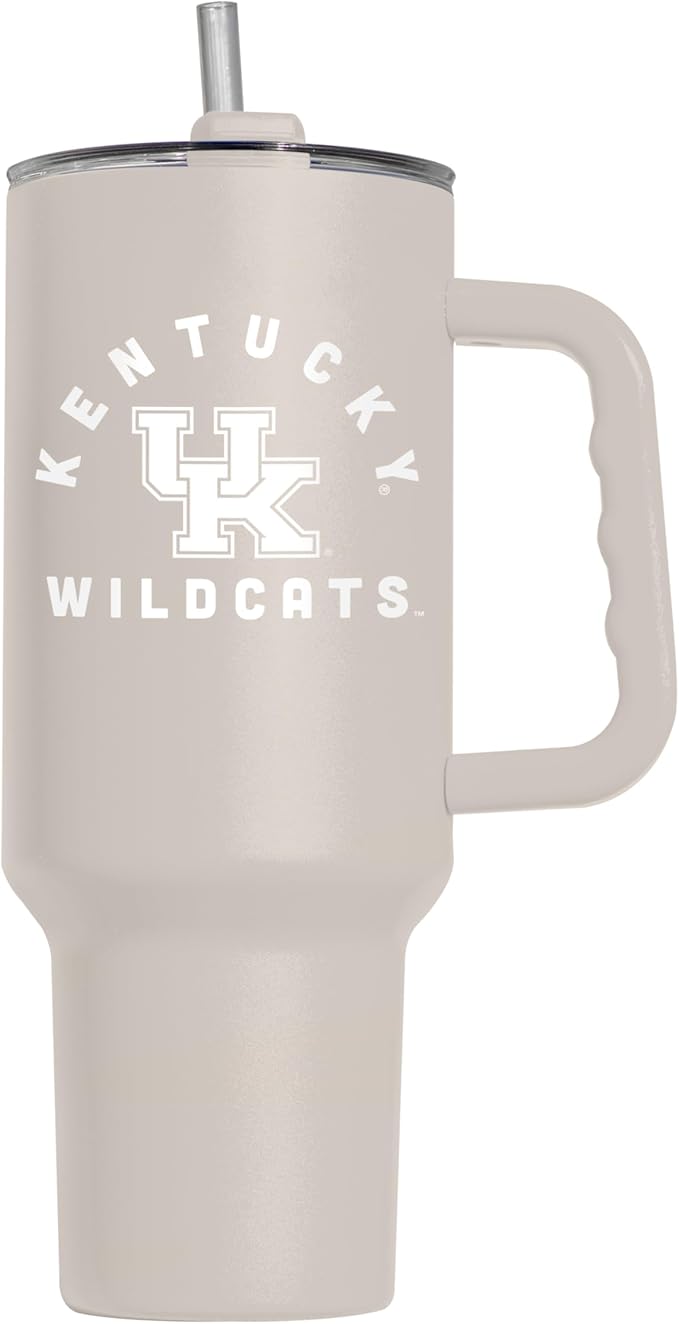 Logo Brands NCAA Kentucky Wildcats Sand 40 oz Tumbler with Handle - Stylish Everyday Use Powder Coated-Stainless Steel with Straw- Keeps Cold For Hours