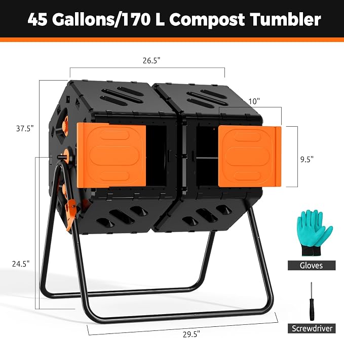 45 Gallon (170L) Compost Tumbler Outdoor, Dual Chamber Compost Bin with 360° Rotating Design, Adjustable Vents, Easy Assembly, Large Openings for Kitchen, Garden & Yard Waste