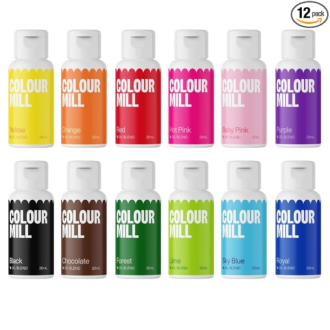 Colour Mill Oil Blend Food Coloring, Kickstarter Pack - 20 Milliliters Each of 12 Colors: Baby Pink, Black, Chocolate, Forest, Hot Pink, Lime, Orange, Purple, Red, Royal, Sky Blue & Yellow