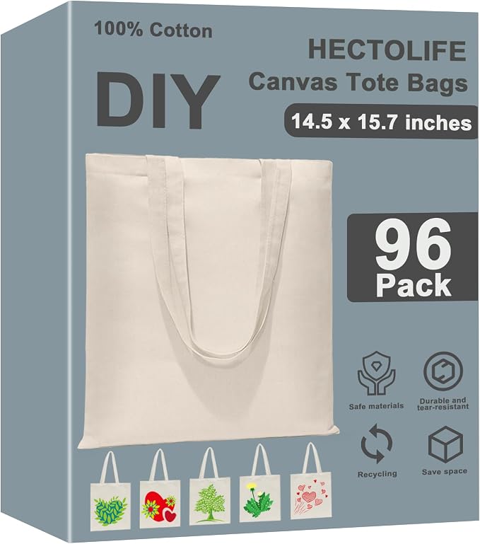 HECTOLIFE 6 I 12 I 24 I 48 Pack Canvas Tote Bags,Reusable Blank Canvas for Shopping Bags,Grocery Bags,DIY Gift Bags