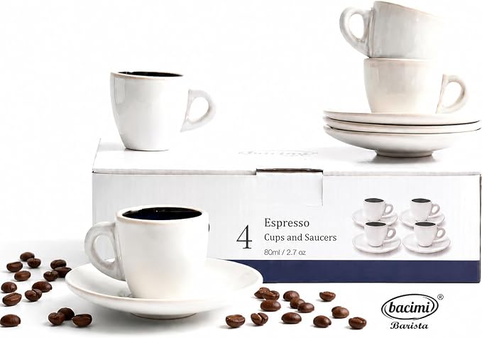 Bacimi® Espresso Cups and Saucers Set of 4 – 2.7oz Thick Barista Style Stoneware Cups - Blue Glaze Classic Italian Design - Ceramic Cups For Espresso, Macchiato, Doppio – Dishwasher & Microwave Safe