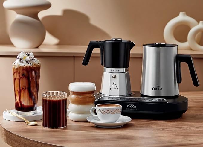 Arzum Okka Moka Pot with Milk Frother, Hot Beverage and Turkish and Greek Coffee Maker, Velvetiser, 120V, 5 Cups, Programmable Touch Panel, Chrome