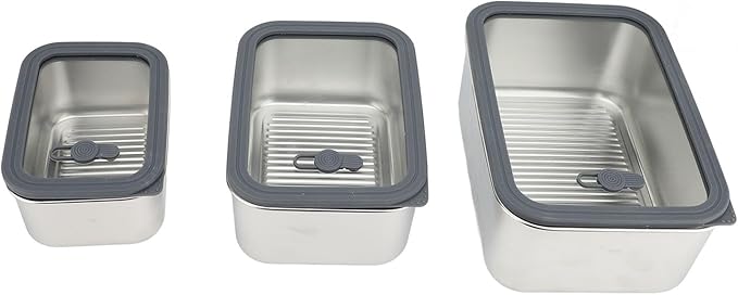 3PCS Food Storage Container Set 304 Stainless Steel Food Prep Container Lunch Box with Airtight Glass Lid for Kitchen