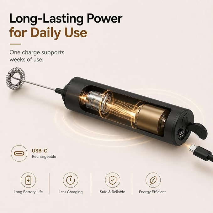 Rechargeable Milk Frother with Stand, Electric Whisks Foam Maker, POWERFUL USB C 2 Speed Handheld Drink Mixer for Coffee, Latte, Cappuccino, Matcha Drinks,Black