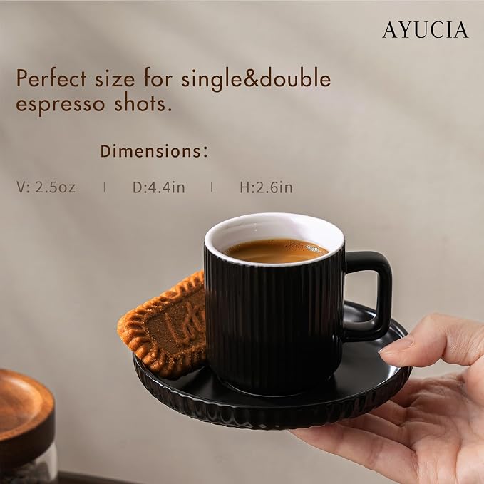2.5OZ Mini Espresso Cups Set of 4, Black Ceramic Demitasse Espresso Mugs with Saucers, Small Coffee Cups for Single/Double Espresso Shots