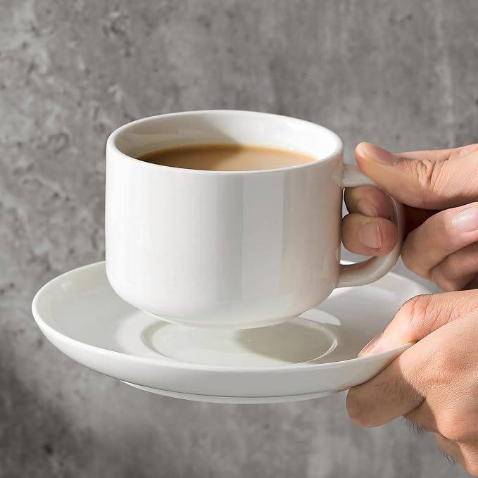 8oz Cappuccino Cups Set of 6, Tea Cups with Saucers and Spoons, White Ceramic Tea Cups Set Coffee Mugs for Tea Cappuccino Espresso Latte Mocha Au Lait Macchiato Cafe
