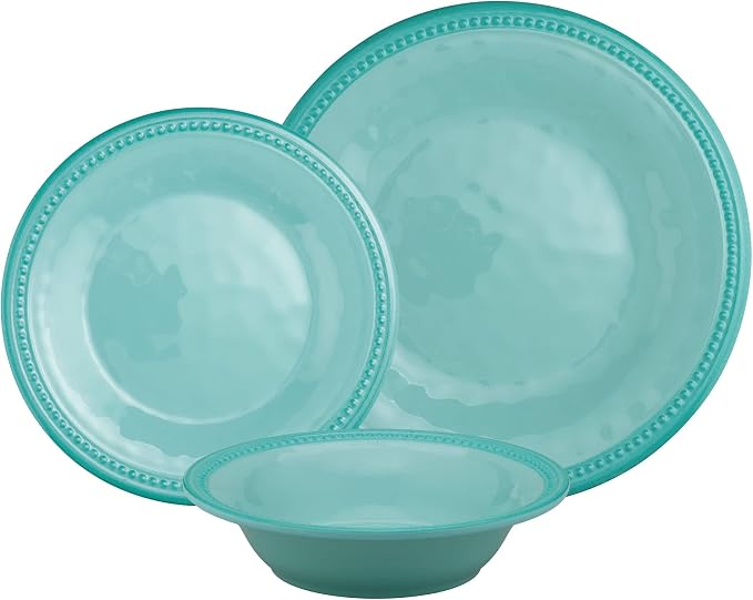 UPware 12 Piece Beaded Melamine Dinnerware Sets, Outdoor Dishes Set, Plates and Bowls Sets, Service for 4, Aqua Blue