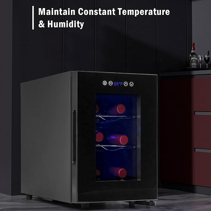 Iceblue Wine Fridge, Digital Temperature Control White & Red Wine 6 Bottle Wine Cooler with Wine Rack, Champagne Wine Cooler Refrigerator for Bar, Home, Kitchen, Gift - Black