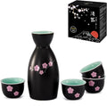 DUJUST 5 pcs Japanese Sake Set, Traditional Sakura Design Sake Serving Set, 1 Sake Bottle with 4 Sake Cups, Japanese Style Sake Set for Home/Party, Ideal Japanese Gifts for Sake Lovers - Black