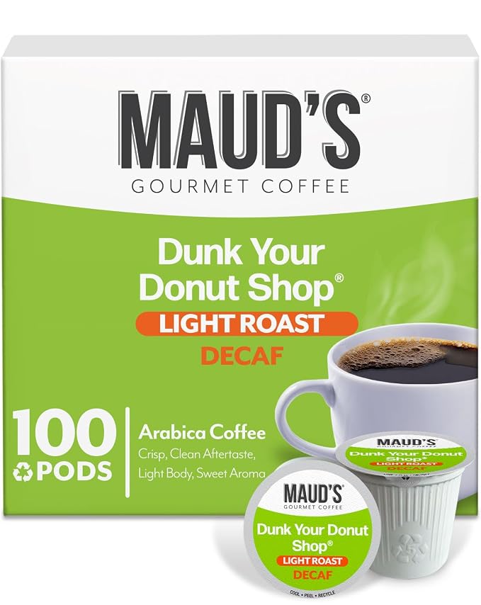 Maud's Decaf Donut Shop Coffee Pods, 100 ct, Decaffeinated Light Roast Coffee in Single Serve Pods – 100% Arabica Beans, Compatible with Keurig K Cups Maker