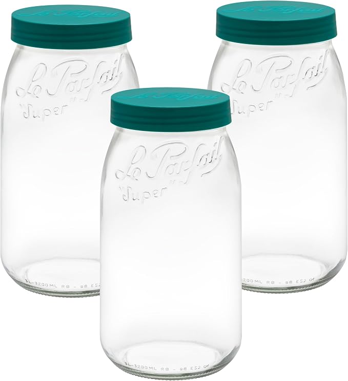 Le Parfait Eco-Friendly Zero Waste Wide Mouth Glass Jar with Airtight Screw Top Lid - Reusable French Storage Jar for Food, Soup, Flour, Sugar, Canning & Baking (3L/96oz, 3 Pack, Pine)