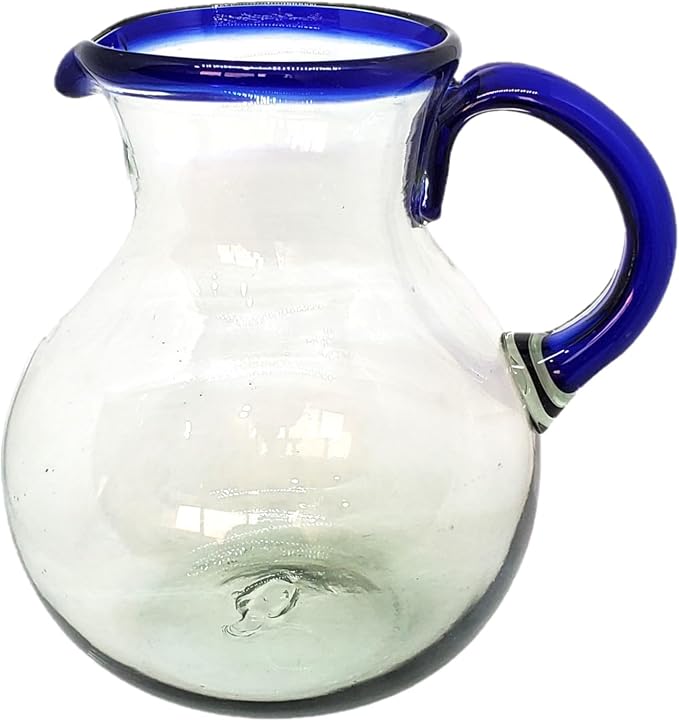 Cobalt Blue Rim 120 oz Large Bola Pitcher, Recycled Glass, Lead-free, Toxin-Free (Pitcher)