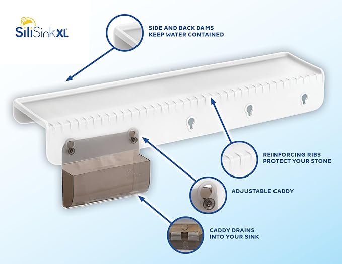 SiliProducts SiliSink XL Silicone Sink Edge Guard for Kitchen Sink - Fits 3.75” - 4” Wide - The Original Stone Protector with Sponge Caddy - Splash Guard, 20” Frosted Matte