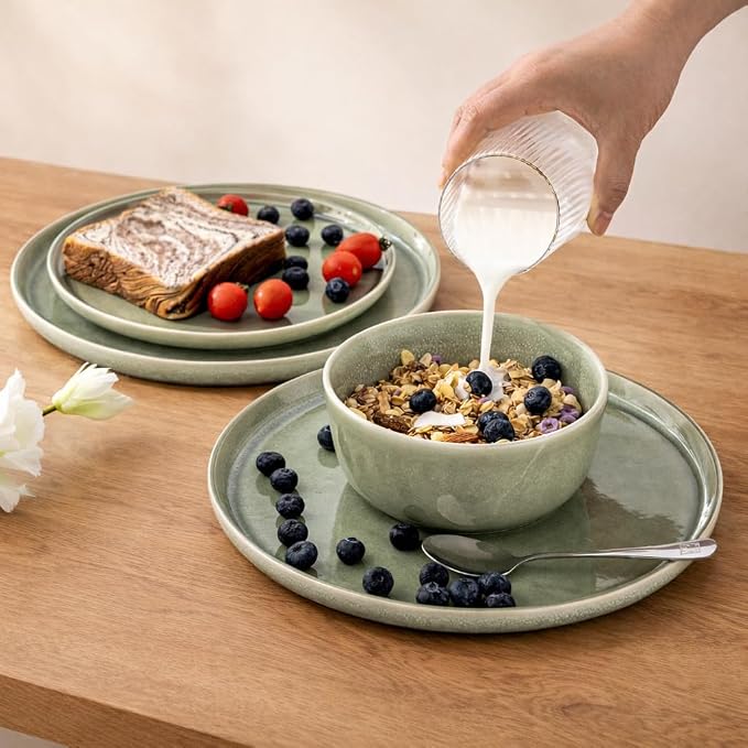 AmorArc Stoneware Dinnerware Sets for 4,Round Reactive Glaze Ceramic Plates and Bowls Set,Highly Scrath Resistant | Dishwasher & Microwave Safe Dishes Set,Service for 4 (12pc)