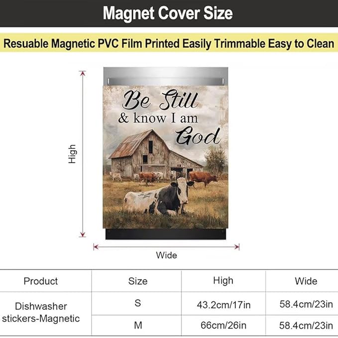Farmhouse Cow Magnetic Dishwasher Cover,Wood Grain Front Door Dishwasher Magnetic Cover,Washing Machine Magnet Cover Decor Keep Quiet and Know I Am God Text Panel Decal,23"x26"