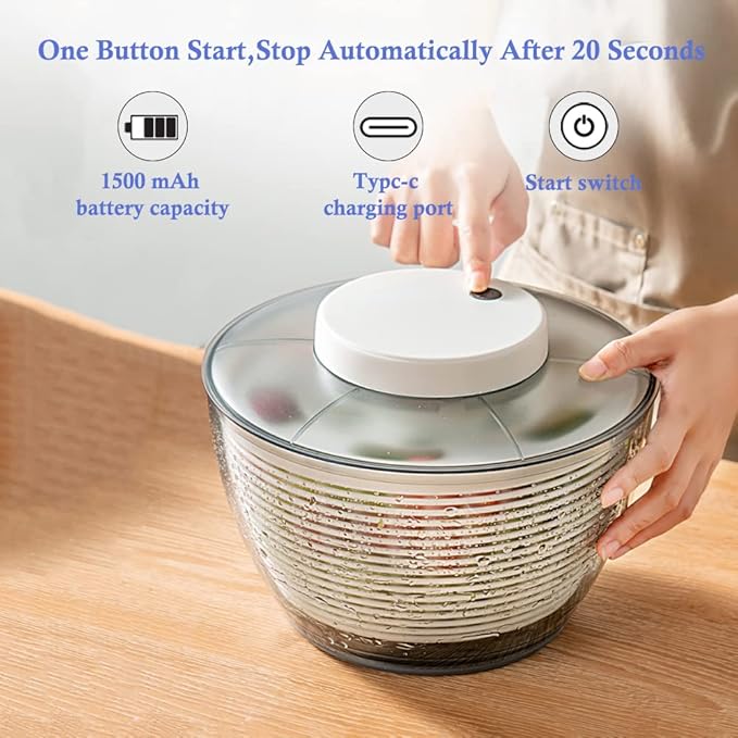 Electric Salad Spinner,4.5L Type-C Rechargeable Lettuce Spinner Automatic Salad Rotator Lettuce Washer and Spinner Dryer for Salad Greens, Lettuce, Fruits and Vegetables (White)