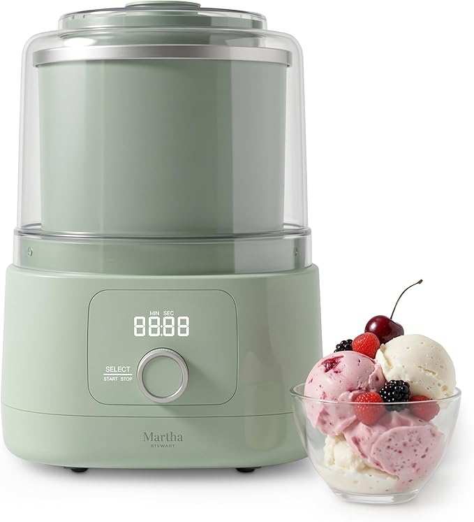 Martha Stewart Ice Cream Maker, 2 Quart Double-Insulated Freezer Bowl, Sorbet & Frozen Yogurt, Ready in 20 Minutes, Mix-Ins Chute, Easy to Clean, Honeydew Green