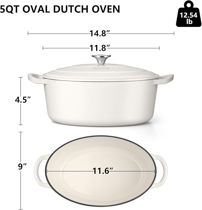 TeamFar Oval Dutch Oven, 5qt Enameled Cast Iron Dutch Oven Pot with Lid, For Bread Baking/Stewing/Braising/Frying, Suitable for Various Stoves, Non-stick & Easy Clean, White