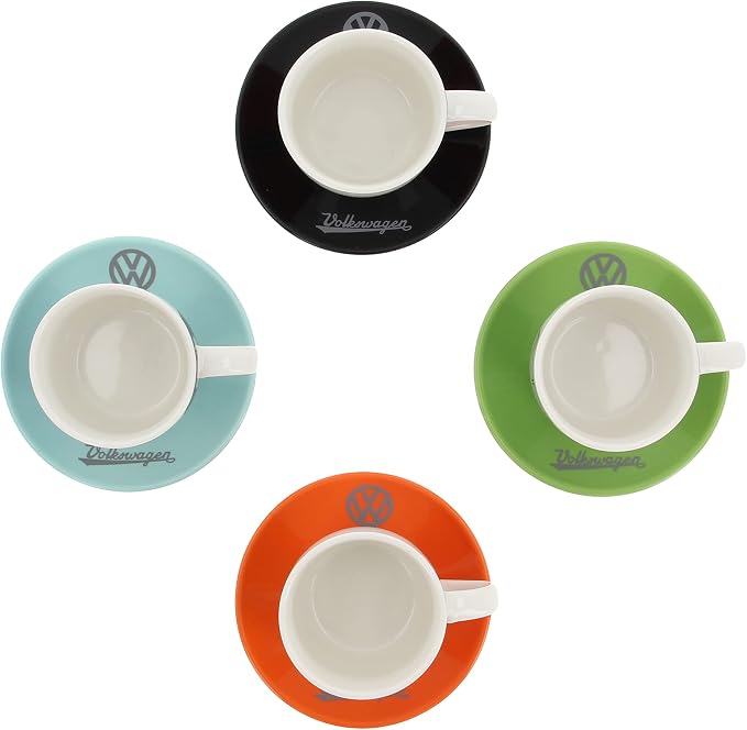 BRISA VW Collection - Volkswagen Espresso Cups Coffee-Tea-Cappuccino Set in T1 Bus Campervan Design (Bus Front/100ml/3.4 fl oz) (Set of 4 (red/black, petrol/brown, orange, green))