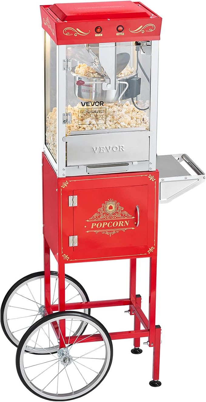 VEVOR Popcorn Machine with Cart, 8oz Stainless Steel Kettle, 800W Commercial Popcorn Maker, 48 Cups per Batch Theater Style Popper, with 2-Button Control Glass Wall PC Door 1 Scoop 3 Spoons, Red