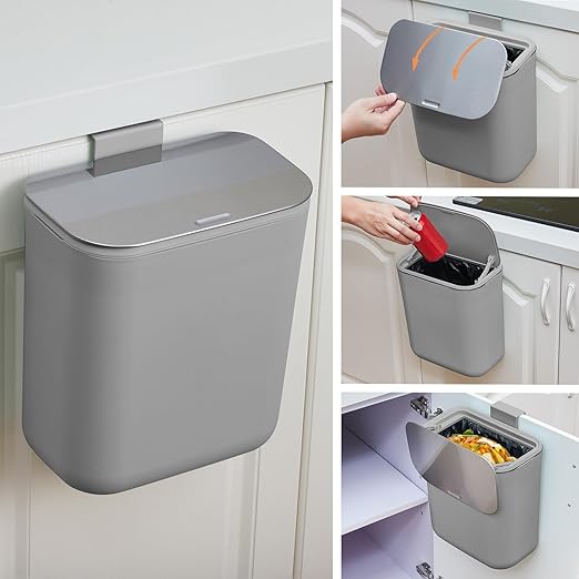 Hanging Kitchen Trash Can with Lid - 2.4 Gallon Small Compost Bin for Cabinet Door, Under Sink - Odor-Sealing Stainless Steel Top Food Waste Bin for RV, Bathroom, Office - Indoor Recycling Bin