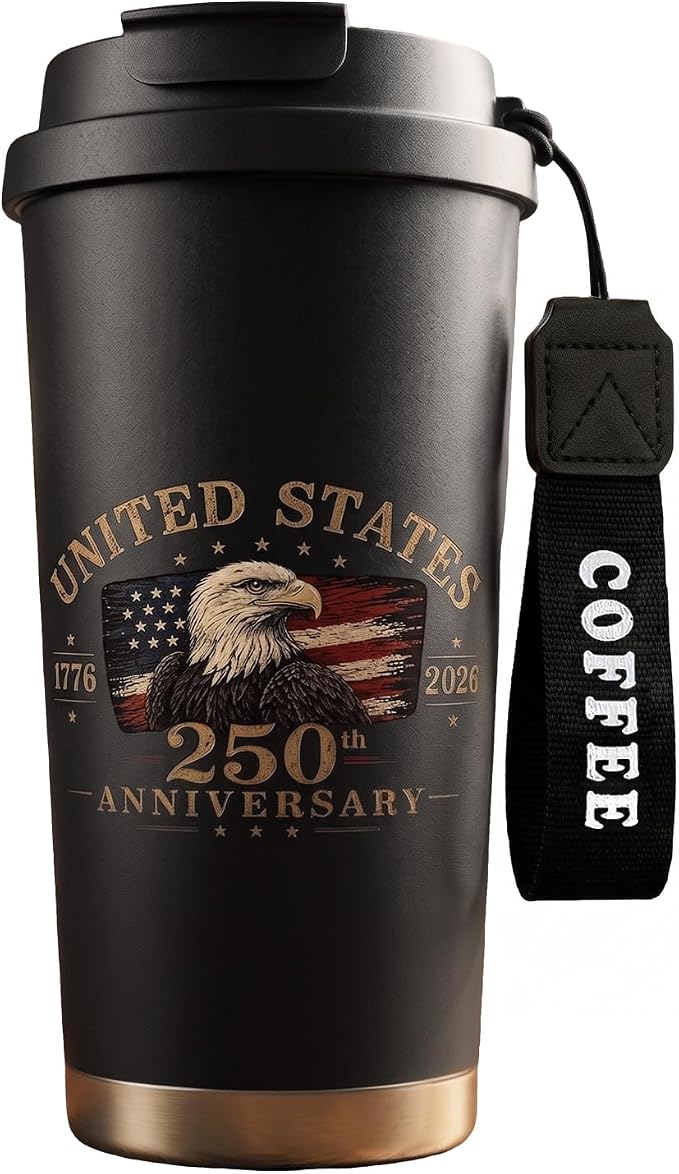 250th Anniversary Coffee Mug, 18 oz Stainless Steel Insulated Tumbler, Vintage Patriotic Design 1776-2026, Fathers Day Birthday Gift Dad From, Military Veteran Retirement Commemorative Gift, Black