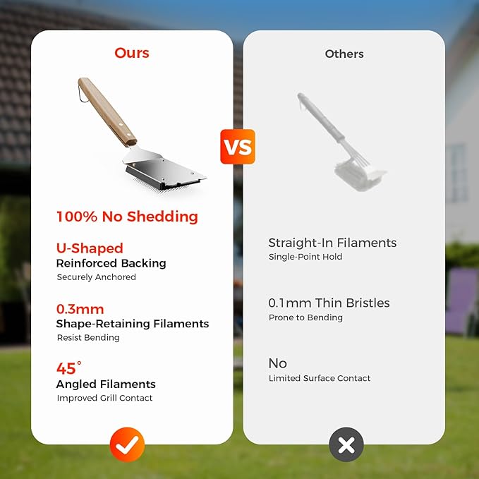 BBQ Grill Brush with U-Shaped Fixed Design, 45° Angled Steel Filaments for Deep Cleaning, Wooden Handle Grate Cleaner with Hanging Hook for Gas, Charcoal & Smoker (16 Inch)