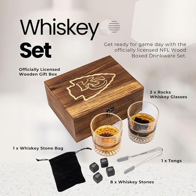 The Memory Company Officially Licensed NFL Wood Boxed Drinkware Set, with 2 Rocks Glasses and Cooling Cubes, Cleveland Browns