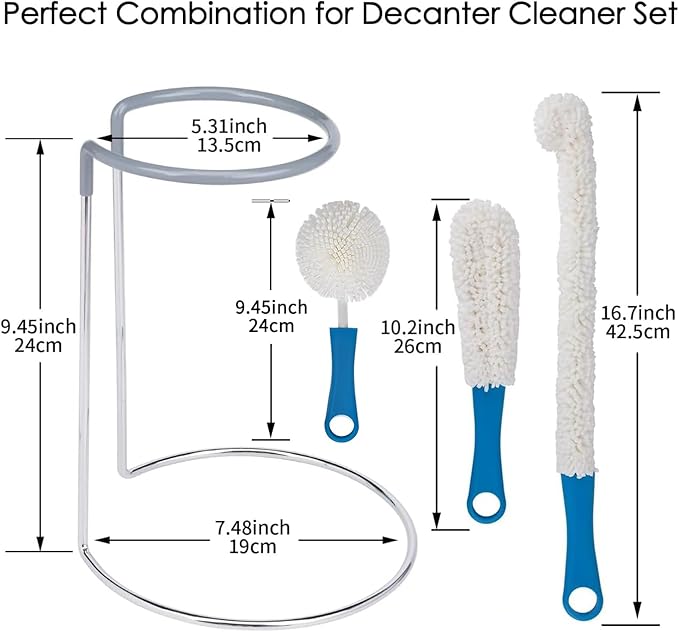Wine Decanter Drying Stand with Rubber Coated Top to Prevent Scratches, Wine Decanter Drying Rack for Standard Large Wine Decanters, Decanter Cleaner Includes Cleaning Brush