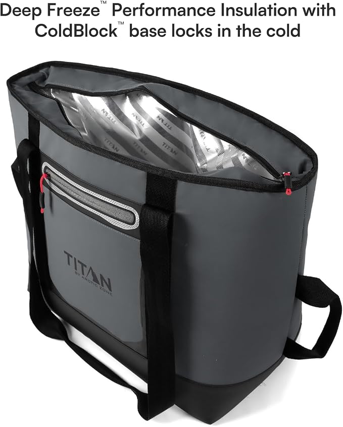Titan by Arctic Zone Soft Sided Cooler Tote, Insulated Bag with Handle, Shoulder Strap, and Zipper for Lunch, Picnic, and Travel, 30 Can Capacity