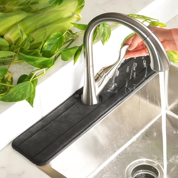 Ternal Original SINKMAT 24in XL Faucet Splash Guard Extra Long Microfiber Sink Drip Catcher Mat Non Slip Countertop Protector Drying Pad Kitchen Bathroom RV Machine Washable [Black]