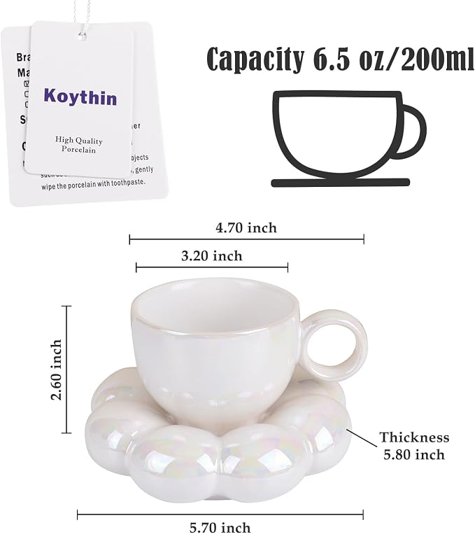 Koythin Ceramic Coffee Mug with Saucer Set, Creative Cute Cup with Sunflower Coaster for Office and Home, 6.5 oz/200 ml for Tea Latte Milk (Pearl White)