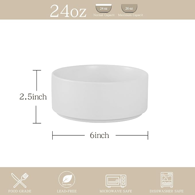Stoneware Cereal and Soup Bowls Set of 4, 6 Inch Matte Glaze Ceramic Bowls for Breakfast & Oatmeal, Microwave and Dishwasher Safe, Matte White